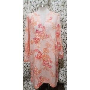 Chicos Dress Size 8/10 Coral Reef Linen Paradise Lily Split Neck Shift Pockets